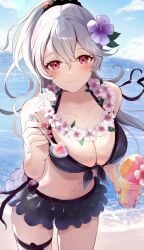 1girls absurdres alternate_color alternate_costume alternate_hairstyle beach bikini black_bikini black_skirt black_swimsuit blue_sky blush breasts cleavage cloud collarbone commentary_request corrin_(female)_(fire_emblem) corrin_(female)_(summer)_(fire_emblem) corrin_(fire_emblem) corrin_(fire_emblem)_(female) cute day female female_only fingernails fire_emblem fire_emblem_fates fire_emblem_heroes flower flower_necklace frilled_skirt frills hair_between_eyes hair_flower hair_ornament highres holding holding_spoon large_breasts long_hair looking_at_viewer navel nintendo norimaki_(nrmk_norinori) ocean official_alternate_costume outdoors pink_flower pink_nails ponytail purple_flower red_eyes sand skirt sky smile solo spoon stomach swimsuit water white_hair