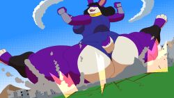 16:9 2023 animated anthro ass big_butt bouncing building butt_crush city city_destruction clothed clothing cracked_ground destruction feet female female_focus female_only fur hair huge_butt kazecat lagomorph leporid macro mammal mostly_nude mountain obese obese_anthro obese_female one-piece_swimsuit original original_character overweight overweight_anthro overweight_female paws purple_body purple_fur rabbit short_playtime sky swimwear thick_thighs violet_(kazecat) wide_hips widescreen