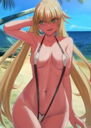 artoria_pendragon_(caster) beach blonde_hair blush embarrassed fate/grand_order fate_(series) female green_eyes hammock kakeku ocean palm_trees sling_bikini slingshot_bikini slingshot_swimsuit swimsuit