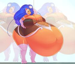 blue_hair breasts breasts_bigger_than_head capcom cat_ears cat_smile cat_tail catgirl clothing darkstalkers felicia felicia_(darkstalkers) female gigantic_breasts huge_breasts hyper_pregnancy jaykuma large_breasts massive_belly paws pregnant pregnant_belly pregnant_female white_fur wide_hips