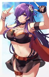 1girls alternate_costume armband bare_shoulders bikini bikini_skirt black_bikini black_choker black_gloves black_skirt black_swimsuit blue_sky breasts choker cleavage cloud commentary_request cowboy_shot day female female_only fingerless_gloves fire_emblem fire_emblem:_three_houses fire_emblem_heroes fire_emblem_warriors:_three_hopes flower gloves hair_flower hair_ornament hands_up highres large_breasts leaf long_hair looking_at_viewer miniskirt navel nintendo official_alternate_costume purple_eyes purple_hair reia_hana shez_(female)_(fire_emblem) shez_(female)_(summer)_(fire_emblem) shez_(fire_emblem) single_glove skirt sky smile solo standing stomach swimsuit thigh_strap thighs very_long_hair white_flower