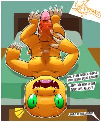 agumon anthro bandai_namco bed big_penis bodily_fluids claws dialogue digimon digimon_(species) dinosaur english_text erection fangs furniture genital_fluids genitals green_eyes green_sclera hi_res humanoid_genitalia humanoid_penis looking_at_viewer lying male male_only masturbation nervous nipples not_furry nude on_bed open_mouth outline penile penile_masturbation penis pillow precum reptile scalie slightly_chubby solo speech_bubble sweat sweatdrop tail teeth text tongue upside-down voy_barranca_abajo yellow_body