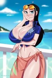 alternate_version_available ass big_breasts black_hair blue_eyes breasts female female_only furious_nsfw heart hourglass_figure light-skinned_female light_skin looking_at_viewer nico_robin one_piece post-timeskip smile solo sunglasses sunglasses_on_head zrfurious