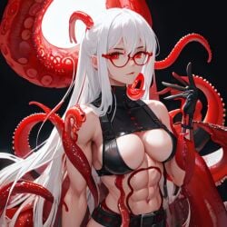 ai_generated black_leather eldritch_horror glasses muscular_female nemus_waifu_generator red_eyes shapeshifter six_pack stable_diffusion tentacle white_hair