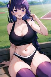 1girls ai_generated bra braided_hair breasts cleavage female genshin_impact hi_res hips huge_breasts light-skinned_female light_skin long_hair purple_eyes purple_hair raiden_shogun skindentation sports_bra sportswear stable_diffusion stuffyai sweat sweaty_body thick_thighs thighs wide_hips