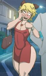 blonde_hair crossdressing drunk embarassed embarrassed felix_(kasmav2) femboy gay horns male_only missing_tooth necklace purse red_dress water_enjoyer yaoi