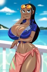 alternate_version_available ass big_breasts black_hair blue_eyes breasts dark-skinned_female dark_skin female female_only furious_nsfw heart hourglass_figure looking_at_viewer nico_robin one_piece post-timeskip smile solo sunglasses sunglasses_on_head zrfurious