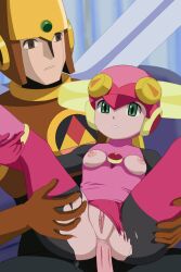 anal armor ass breasts brown_eyes capcom female frown genitals glyde green_eyes hi_res humanoid machine male male/female mega_man mega_man_battle_network nipples on_model penis pussy robot roll.exe yuya73