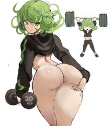 1girls ass ass_focus bottomless bottomless_female breasts female female_only green_eyes green_hair large_ass one-punch_man pear_shaped pussy rakeemspoon short_hair small_breasts smile solo sportswear tatsumaki thighs uncensored