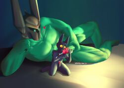 <3_eyes anthro balls black_body black_fur bodily_fluids cum duo ejaculation erection fur gay genital_fluids genitals glans green_body green_skin heart hi_res holding_penis human kneeling league_of_legends looking_at_another looking_at_partner lying male mammal mordekaiser muscular on_side orgasm penis pink_glans riot_games simple_background size_difference veigar watermark worecan yellow_eyes yordle