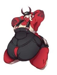 demon demon_girl desdemona_(fortnite) epic_games fat fortnite hair_over_eyes hat morbidly_obese obese overalls overweight strongfat tail white_hair