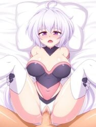 1girls aroused big_boobs blush clothed_sex female happy_sex looking_at_viewer missionary_position on_back on_bed pov senki_zesshou_symphogear sex spread_legs sweat sweating teenage_girl teenager twintails vaginal_penetration wet white_hair yukine_chris zetsumu