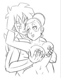 1boy 1girls big_breasts black_and_white blush chichi dragon_ball dragon_ball_super dragon_ball_z earrings funsexydragonball grabbing_breasts monochrome smile yamcha