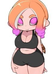 bike_shorts blush cleavage hand_on_thigh looking_at_viewer looking_up makino_nono octoling octoling_girl oni_wasabi_(makino_nono) original_character spats splatoon sports_bra tagme