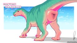 agroalba animal_genitalia cloaca cloud cloudscape colored_nails dinosaur earhole english_text female feral genitals green_body green_eyes green_scales hi_res iguanodon iguanodontid inviting_to_sex locking_back looking_at_viewer nails nude ornithischian presenting reptile scales scalie simple_background sky solo stripes text white_background