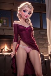 ai_generated alluring-artwork angel_light_(artist) cameltoe elsa_(frozen) female fireplace frozen_(film) looking_at_viewer nightgown nightgown_lift panties pink_panties solo