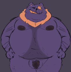 2023 anthro balls belly big_belly deltarune felid genitals hi_res male mammal moobs navel nipples overweight overweight_male penis purple_body seam_(deltarune) simple_background smut_leo solo undertale_(series)