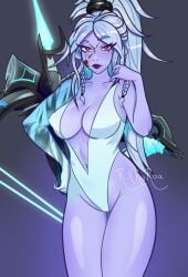 breasts dota_2 drow_ranger high_cut_swimsuit purple_skin red_eyes rikkyroa swimsuit white_hair