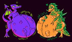 anthro anthro_only blush green_hair hyper_belly kraid male_pregnancy metroid mpreg orange_body orange_skin outie_navel pregnant pregnant_male purple_body purple_skin ridley ridley_(metroid) rubbing_belly rumbling_stomach spikes_on_back stomach_noises tagme