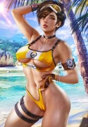 1girls arm_band beach big_breasts bracelet brown_hair cameltoe choker glasses gloves leg_strap logan_cure overwatch tagme thick_thighs tracer voluptuous wide_hips