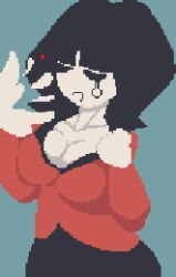 bankruptcy_(game) bankruptcy_(ldjam_50) big_ass big_boobs big_breasts black_hair black_pants blank_background breasts cleavage closed_eyes eyes_closed fanning_self female ldjam50 penny_(bankruptcy) red_suit slim_waist tagme tear