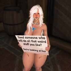 3d areolae au_ra blue_areola blush cev_(xiv) cev_rosa english english_text final_fantasy final_fantasy_xiv gpose(ffxiv) green_eyes holding_sign honeysham horns long_hair looking_at_viewer nude nude_female scales sign smile smiling_at_viewer white_hair