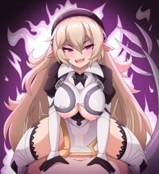 1boy 1boy1girl 1girls 2023 bare_thighs blonde_hair blush breasts clothed_female_nude_male corrin_(fire_emblem) corrin_(fire_emblem)_(female) corruption fangs female female_focus fire_emblem fire_emblem_fates fire_emblem_heroes gloves hairband implied_sex inner_thighs looking_at_viewer male male_pov nintendo nipples open_mouth penis_under_clothes pointy_ears pov red_eyes sex solo_focus straddling thighhighs thighs torn_clothes vadaboob very_long_hair