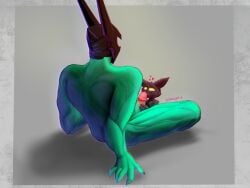 4:3 absurd_res anthro black_body black_fur bodily_fluids cute_fangs duo erection fur gay genital_fluids genitals glans green_body green_skin heart hi_res holding_penis human league_of_legends licking looking_up_at_partner male male/male mammal mordekaiser oral penile penis penis_lick pink_glans precum riot_games sex simple_background sitting size_difference tongue tongue_out veigar watermark worecan yellow_eyes yordle