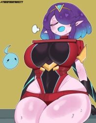 big_breasts blank_background blush blush_lines blushed cardelia froofroofroosty large_boobs large_breasts plain_background purple_hair pyra_(xenoblade)_(cosplay) sitting slime_hair sweat sweatdrop sweating sweaty sweaty_body sweaty_butt thick thick_ass thick_hips thick_legs thick_thighs xenoblade_(series) xenoblade_chronicles_(series) xenoblade_chronicles_2 yellow_background