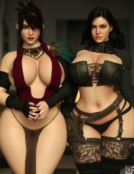 2girls 3d absurd_res ass athletic_female big_ass big_breasts black_hair breasts dragon_age female female_only hi_res large_breasts light-skinned_female light_skin looking_at_viewer morrigan_(dragon_age) necklace pose rude_frog solo the_witcher_(series) the_witcher_3:_wild_hunt thick_thighs thighhighs thighs wide_hips yennefer