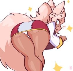 ass ass_focus blank_background blue_eyes clothed clothing cyan_eyes dark-skinned_female female furry furry_female heart jek_korpen looking_at_viewer looking_back looking_back_at_viewer panties pantyshot peach_hair plain_background rear_view solo sparkle sparkles underwear upskirt white_background wolf wolf_ears wolf_girl wolf_humanoid wolf_tail