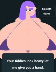 1girls alternate_breast_size big_breasts bikini bikini_top breasts duolingo female female_only front_view gigantic_breasts huge_breasts large_breasts lily_(duolingo) massive_breasts no_outlines solo text videogamedunky