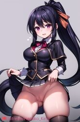 1girls ai_generated akeno_himejima black_hair black_skirt black_uniform blush breasts exposed exposed_pussy female female_focus female_only hair hair_between_eyes hair_ribbon hanako_king hi_res high_school_dxd highres long_hair looking_at_viewer medium_breasts no_panties open_mouth presenting presenting_pussy purple_eyes purple_hair pussy pussy_lips pussy_peek red_eyes school_uniform simple_background skirt skirt_lift smile solo solo_focus spread_legs standing tagme thick thick_thighs thighhighs thighs tied_hair vagina white_shirt white_skin