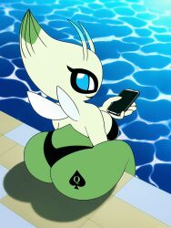 1girls antennae anthro anthrofied ass big_ass big_breasts big_butt bikini bikini_bottom bikini_top black_bra black_panties blue_eyes blue_hair breasts celebi creature creatures_(company) curvy dark_green_skin dat_ass eyelashes eyeliner female female_only green_skin holding_phone huge_ass huge_butt looking_back mythical_pokemon nintendo phone pokemon pokemon_(species) pool queen_of_spades queen_of_spades_symbol shortstack sitting sitting_down smile smiling tattoo tattoo_on_butt thick thick_ass thick_thighs water wide_hips you_may_spank_it_once_(meme)