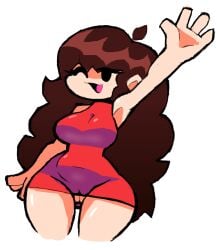 1girls ;d breasts dark_brown_hair dress eks-out female friday_night_funkin girlfriend_(friday_night_funkin) hips long_hair newgrounds no_panties oblivious pussy pussy_facing_the_world red_dress smiling stupid_looking tight_clothing waving waving_hand wide_hips wink winking