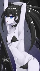 1girls alternate_version_available armpits arms_up bikini_bottom bikini_top black_bikini black_hair black_rock_shooter black_rock_shooter_(character) blue_eyes choker clothed female gloves long_hair nanaryuoo navel pale_skin signature solo stephen tagme twintails