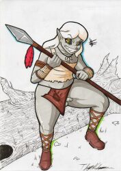 absurd_res balls clothed clothing erection genitals grey_body grey_skin hi_res holding_object holding_weapon humanoid humanoid_pointy_ears male melee_weapon orc orc_male penis polearm rotten_owl simple_background small_penis solo spear traditional_media_(artwork) weapon white_background