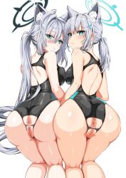 2girls abydos_high_school_student ahoge all_fours anal_access animal_ear_fluff animal_ears anus ass ass_focus back backless_panties backless_swimsuit bare_shoulders black_one-piece_swimsuit blue_archive blue_eyes blue_halo blush breast_press breasts broken_halo cameltoe censored clothing_cutout competition_swimsuit cross cross_hair_ornament crotch_cutout crotchless extra_ears from_behind grey_hair hair_ornament halo highres inverted_cross kneepits kojima_saya long_hair looking_at_viewer looking_back low_ponytail medium_breasts medium_hair mismatched_pupils multicolored_clothes multicolored_swimsuit multiple_girls official_alternate_costume one-piece_swimsuit pussy pussy_cutout shiroko_(blue_archive) shiroko_(swimsuit)_(blue_archive) shiroko_(terror)_(blue_archive) simple_background smile swimsuit take_your_pick two-tone_swimsuit very_long_hair white_background wolf_ears