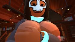 black_hair cat_ears covered_nipples covering_breasts female huge_breasts rec_room recroom recroom-nsfw skull_mask tan_body vr