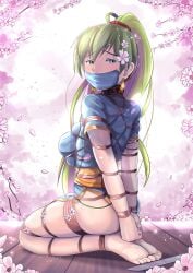 1girls arms_behind_back ass aster-effect bare_arms bare_legs barefoot big_ass bondage bound bound_ankles bound_arms bound_legs bound_toes bound_wrists breasts cherry_blossoms earrings feet female female_only femsub fire_emblem fire_emblem:_the_blazing_blade flower gag green_eyes green_hair hair_flower kneeling large_breasts legs long_hair looking_at_viewer looking_back lyn_(fire_emblem) nintendo pelvic_curtain petals ponytail restrained rope rope_bondage short_sleeves skindentation solo sword tape tape_gag tied_toes toe_bondage toes very_long_hair weapon