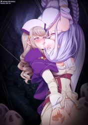 2females 2girls bangs beauty_spot beige_clothes beige_clothing blonde_female blonde_hair blush braid choker clothed clothed_female clothes curled_hair curly_hair female female_focus female_only girls_kissing kissing kumo_desu_ga_nani_ka? light-skinned_female light_skin long_hair looking_at_another looking_pleasured mascara mole_under_eye motion nail_polish neocoill nipples nipples_outside open_mouth panties pointy_ears purple_clothes purple_clothing purple_coat purple_eyes purple_jacket pussy red_eyes ripped_clothing ripped_panties ripped_shirt shiraori_(kumo_desu_ga_nani_ka?) silk sophia_keren spider_girl spider_web tied tied_by_silk tied_by_web upside-down vampire vampire_girl wakaba_hiiro white_dress white_hair yuri