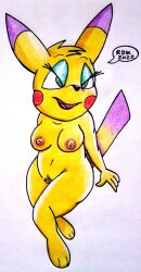 anthro breasts cosplay_pikachu eyeshadow female lipstick nude nude_female pikachu pokémon_(species) pokemon pubic_hair reddragonkan rodent traditional_media_(artwork)