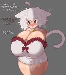 animal_ears blush breasts_bigger_than_head catgirl clothing huge_breasts imminent_sex leaking_pussy red_eyes requested_sex tail text vammzu wet_pussy white_hair