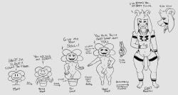 anthro asriel_dreemurr asriel_dreemurr_(god_form) balls boss_monster english_text flower flowey_the_flower furry furry_male goat male male_anthro male_only monochrome penis plant plant_pot plantie roccorox simple_background testicles text undertale undertale_(series)