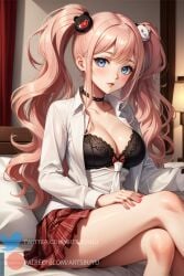 1girls ai_generated artsbuyu bangs black_bra blue_eyes blush bra checkered crossed_legs danganronpa embarrassed hair_between_eyes hair_ornament hi_res junko_enoshima long_hair looking_at_viewer medium_breasts necktie pink_hair shirt sitting skirt stable_diffusion twintails white_shirt