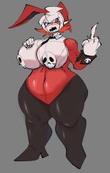 angry belly_button big_breasts blush boots breasts bunny_ears bunnysuit friday_night_funkin middle_finger nikusa_(sugarratio) nipples_covered ratesalt short_hair skull sugarratio