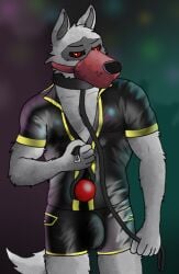 absurd_res ambiguous_position anthro ball_gag biceps bondage bondage bound bulge canid canine canis clothed clothing collar death_(puss_in_boots) dominant exposed_chest gag gagged hi_res latex latex_clothing leash male mammal muscular muzzle_(object) muzzled ollieotty partially_clothed party pecs solo submissive tight_clothing wolf