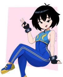 1girls absurdres black_hair bodysuit breasts capcom chun-li_(cosplay) cosplay female female_only flat_chest flat_chested fully_clothed light-skinned_female marvel marvel_comics peni_parker postblue98 short_hair small_breasts solo spider-man:_into_the_spider-verse spider-man_(series) street_fighter thighs