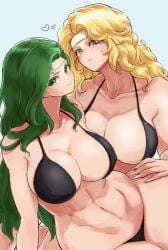 2girls alternate_costume annand_(fire_emblem) bare_midriff bare_shoulders bare_thighs bikini black_bikini black_swimsuit blonde_hair breasts brigid_(fire_emblem) cleavage collarbone female female_only fire_emblem fire_emblem:_genealogy_of_the_holy_war green_eyes green_hair headband heart highres huge_breasts large_breasts long_hair mature mature_female midriff multiple_girls nintendo shoulders swimsuit ta_dasu_(tadasu_hayashi) thick_thighs thighs very_long_hair wavy_hair yellow_eyes