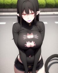 1girls ai_generated big_breasts black_hair breasts cat_lingerie enigma_(phantom_world) female female_only lingerie musaigen_no_phantom_world pointy_ears red_eyes solo